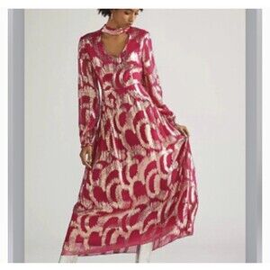 Anthropologie Hemant & Nandita Metallic Maxi Dress Pink & Gold Size 4 NWT $435